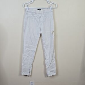 Prada Vintage 90s Y2K White Denim Cargo Pocket Triangle Logo Slim Zip Pants 26